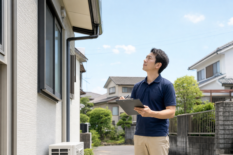 お客様宅で現地調査を行い無料お見積もりのための確認をしている様子