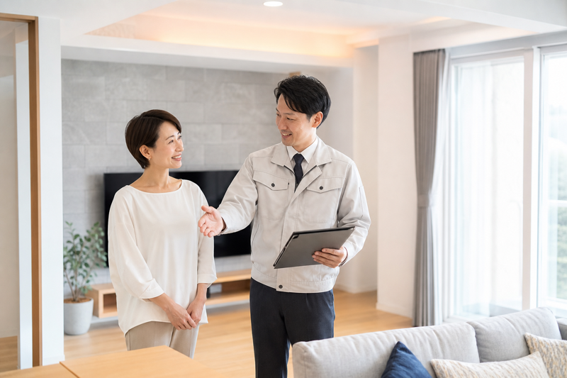 工事完了後、お客様と一緒に仕上がりを確認している様子